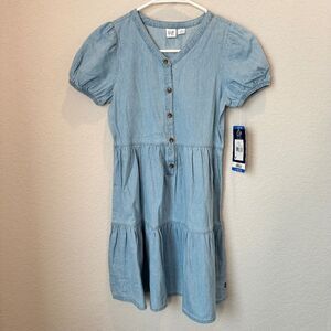 NWT Girl’s Gap Kids Blue Denim Tiered Cotton Puff Sleeve Dress - Size L